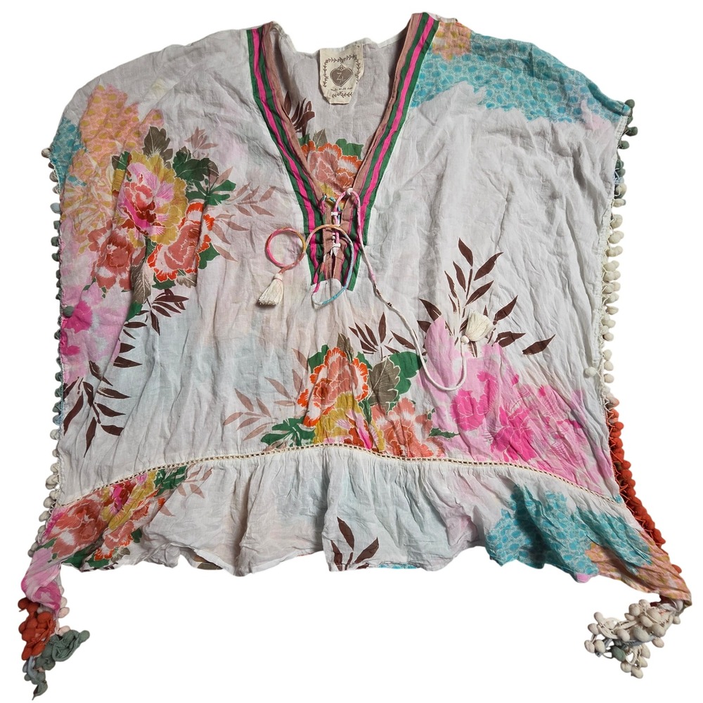Z&L Collective Floral Kaftan Pom Pom Tassel Cotton Top XS Resort Boho Festival